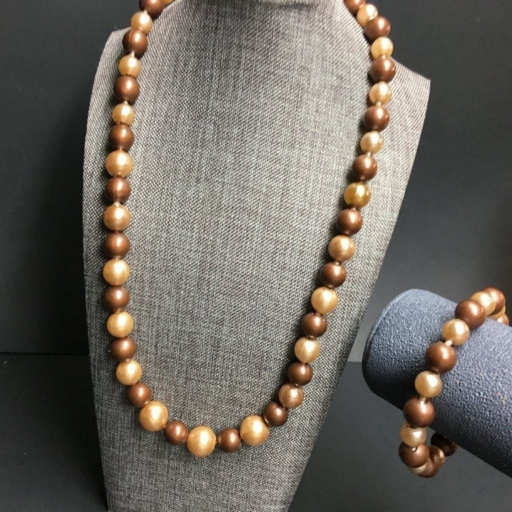 Vtg Pop Bead Necklace Bracelet Brown Champagne Pearl Round Adjustable Retro 45$